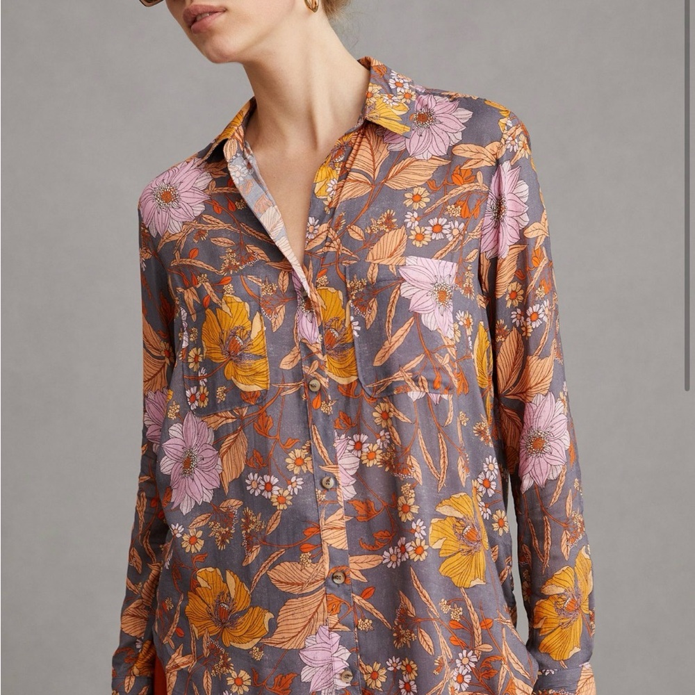 Pilcro by Anthropologie Floral Blouse in Purple, Orange and Gray